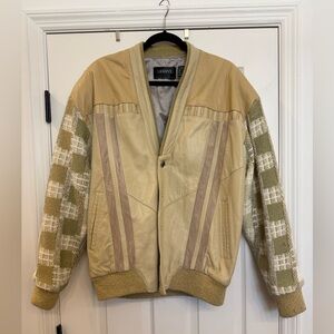 Vintage Saxony Collection 1980’s Leather Bomber Jacket Large Tan Green Cream